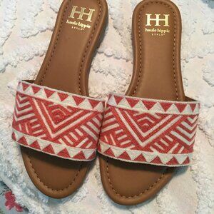 Haute Hippie Sandals Women’s Size 8  Aztec Embroidered Coral & White Boho Slides